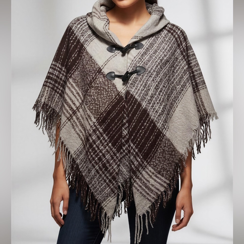 NWT APT.9 Boucle Bar Toggle Topper /Poncho Jacket Plaid in Brown & Cream OneSize